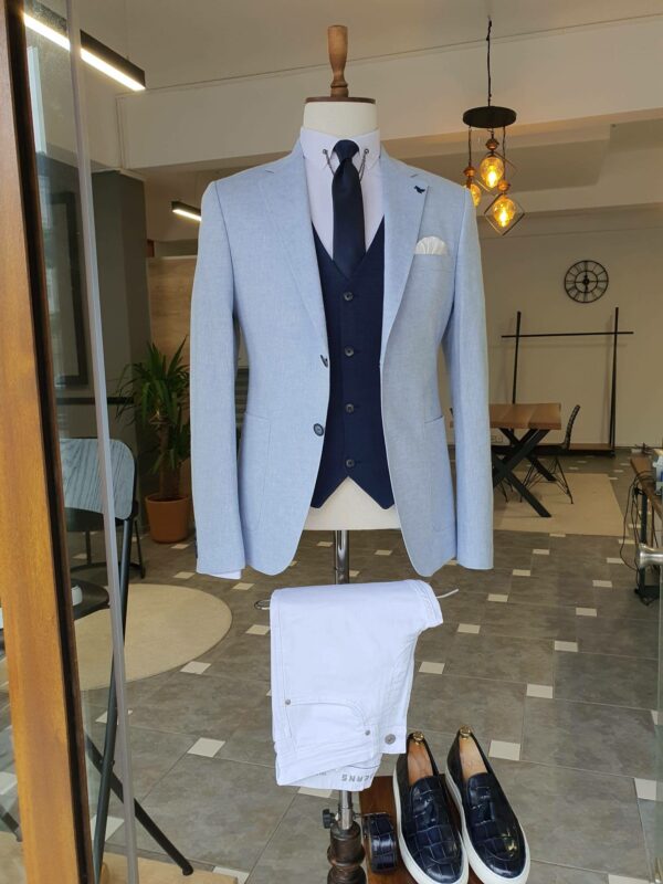 Blue Slim Fit Notch Lapel Linen Suit