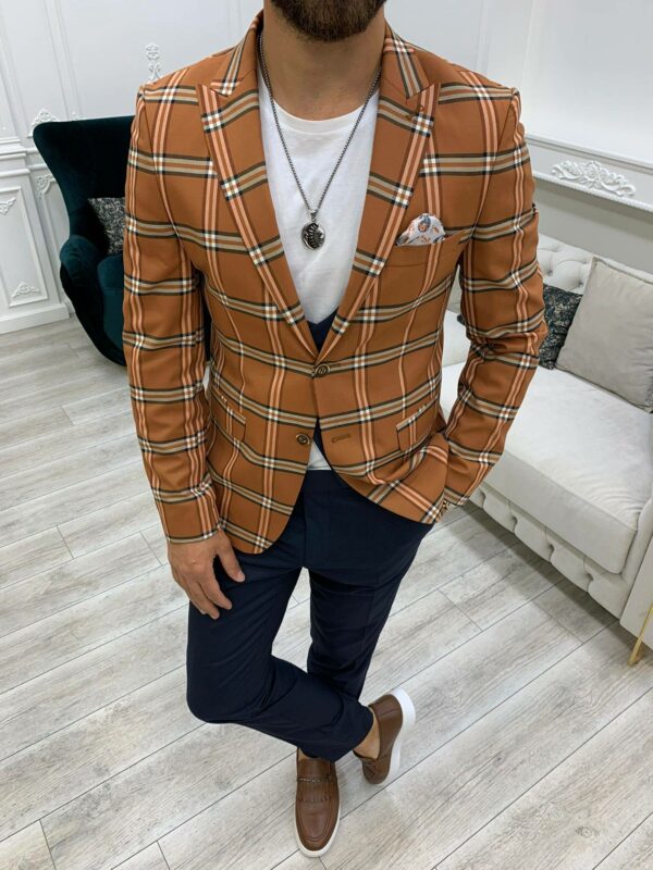 Cinnamon Brown Slim Fit Peak Lapel Plaid Suit