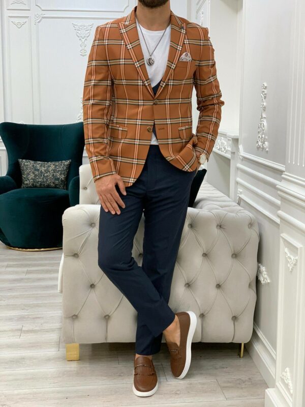 Cinnamon Brown Slim Fit Peak Lapel Plaid Suit