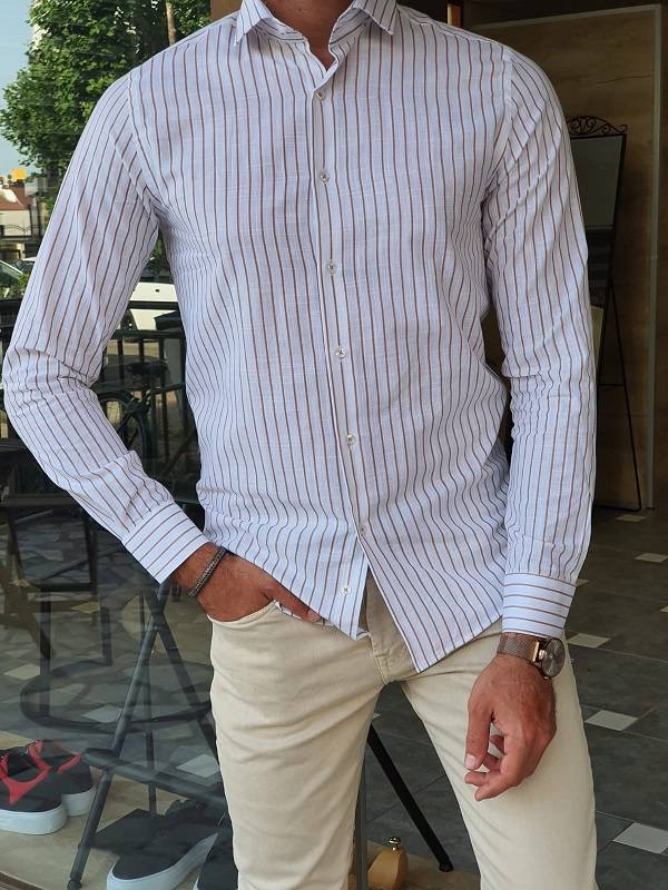 Beige Slim Fit Long Sleeve Striped Cotton Shirt