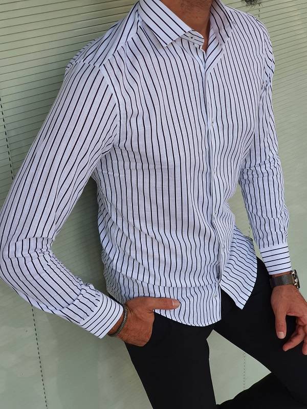 Black Slim Fit Long Sleeve Striped Cotton Shirt