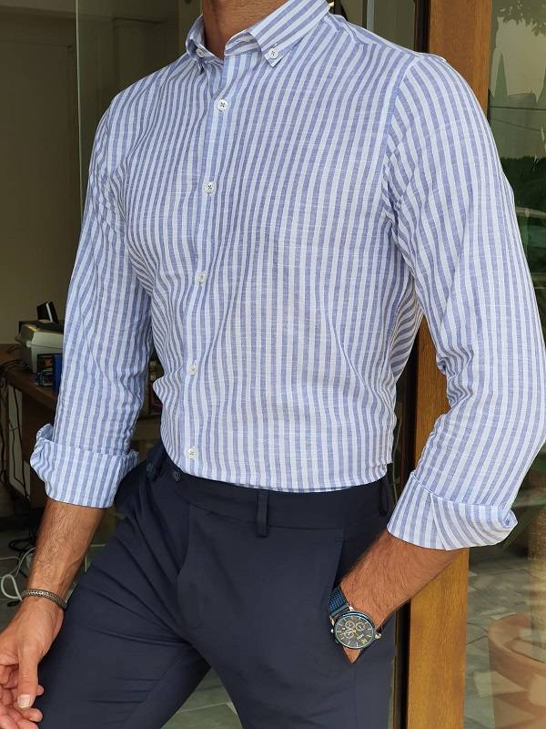 Blue Slim Fit Long Sleeve Striped Cotton Shirt