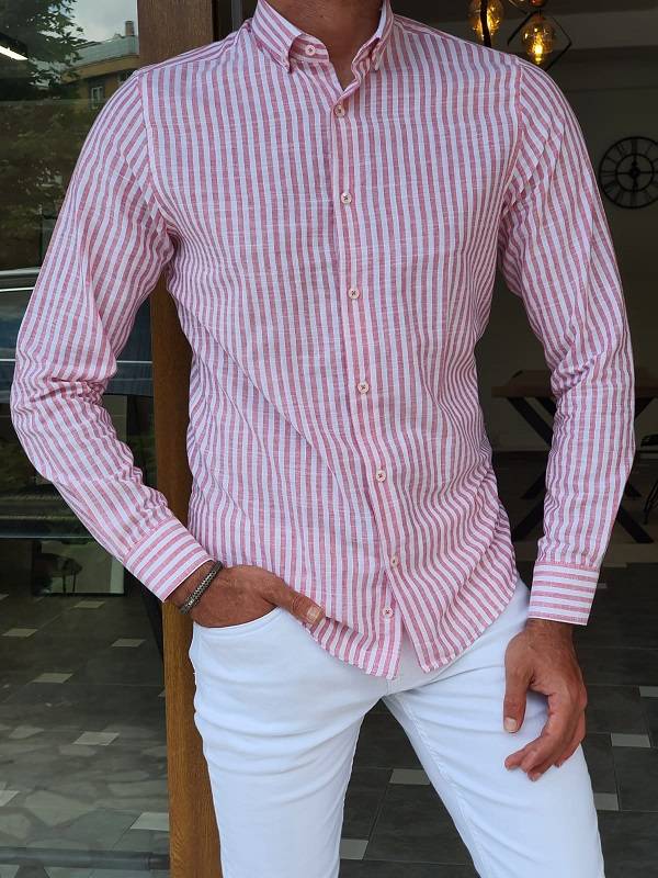 Red Slim Fit Long Sleeve Striped Cotton Shirt
