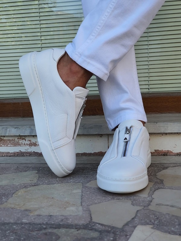 White Mid-Top Zipper Sneakers