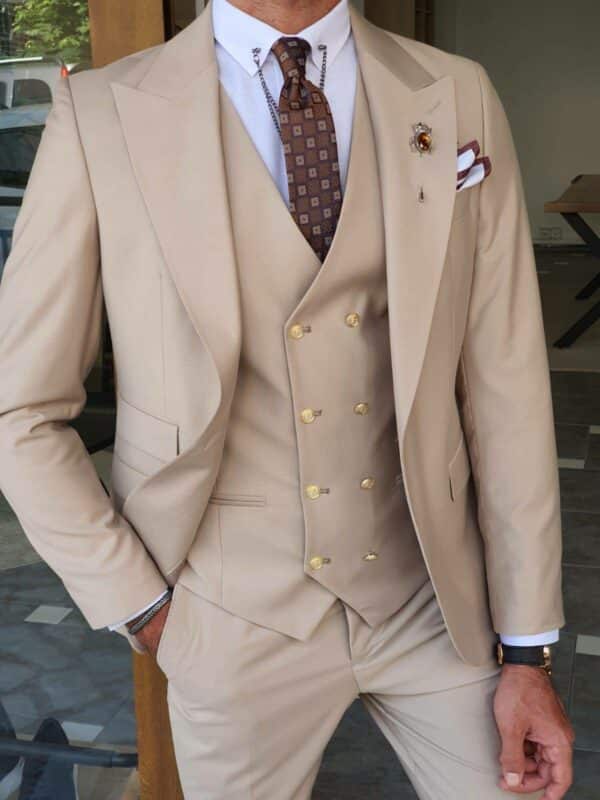 Beige Slim Fit Peak Lapel Wool Suit