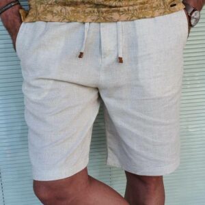 Beige Slim Fit Linen Shorts