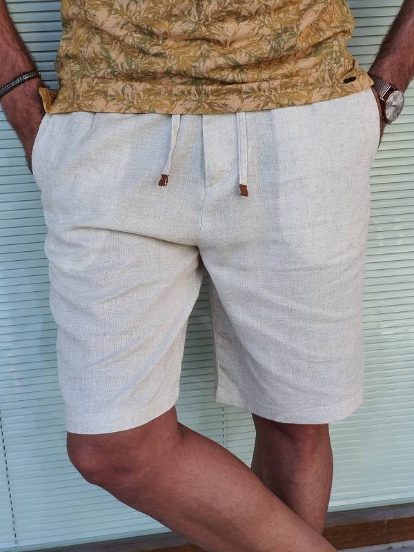 Beige Slim Fit Linen Shorts