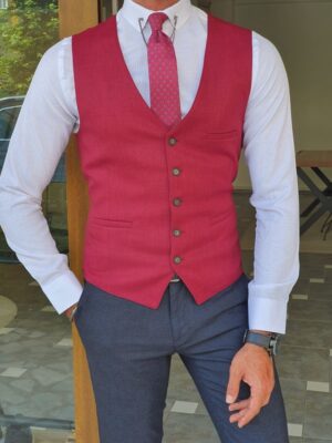 Red Slim Fit Linen Vest