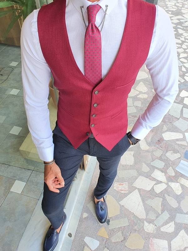 Red Slim Fit Linen Vest