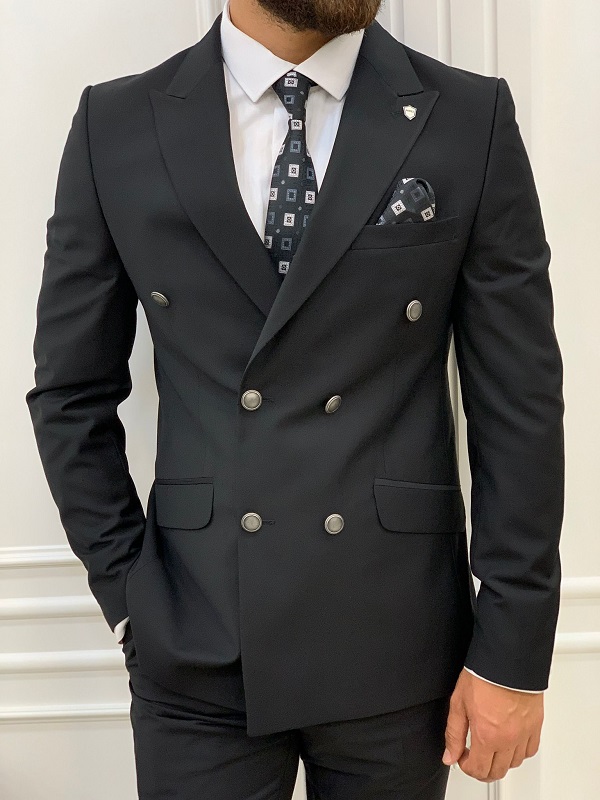 Black Slim Fit Peak Lapel Double Breasted Suit