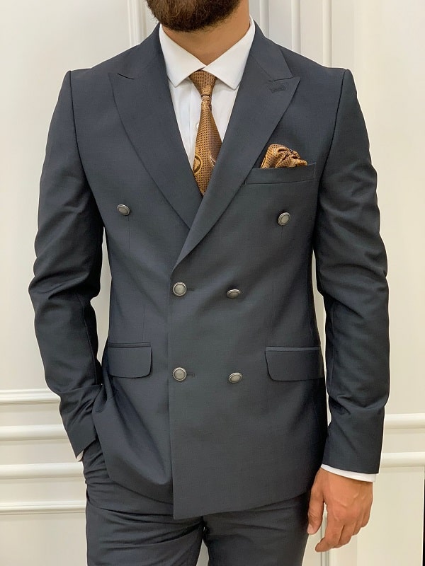 Gray Slim Fit Peak Lapel Double Breasted Suit