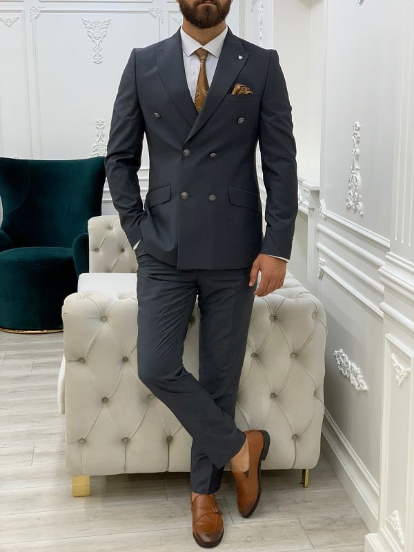 Gray Slim Fit Peak Lapel Double Breasted Suit