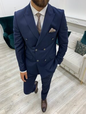 Navy Blue Slim Fit Peak Lapel Double Breasted Suit