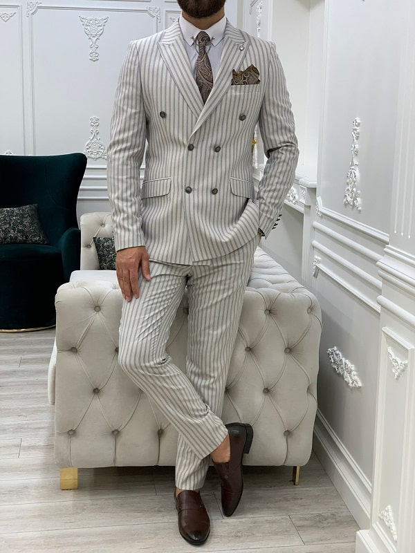 Beige Slim Fit Peak Lapel Double Breasted Striped Suit