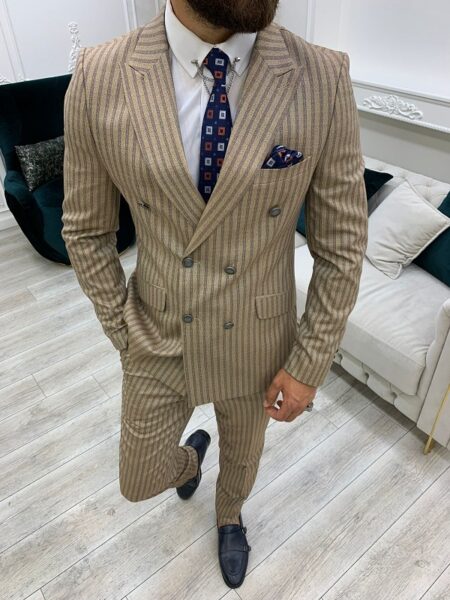 Aysoti Vermut Brown Slim Fit Peak Lapel Double Breasted Striped Suit ...