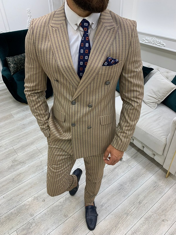 Brown Slim Fit Peak Lapel Double Breasted Striped Suit