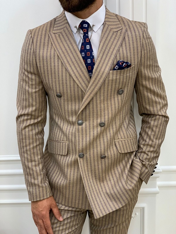 Brown Slim Fit Peak Lapel Double Breasted Striped Suit