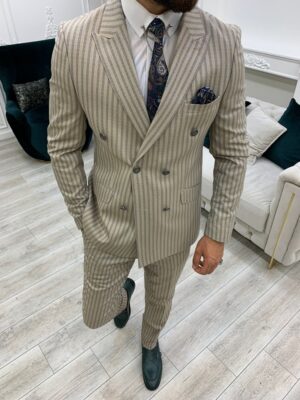 Cream Slim Fit Peak Lapel Double Breasted Striped Suit