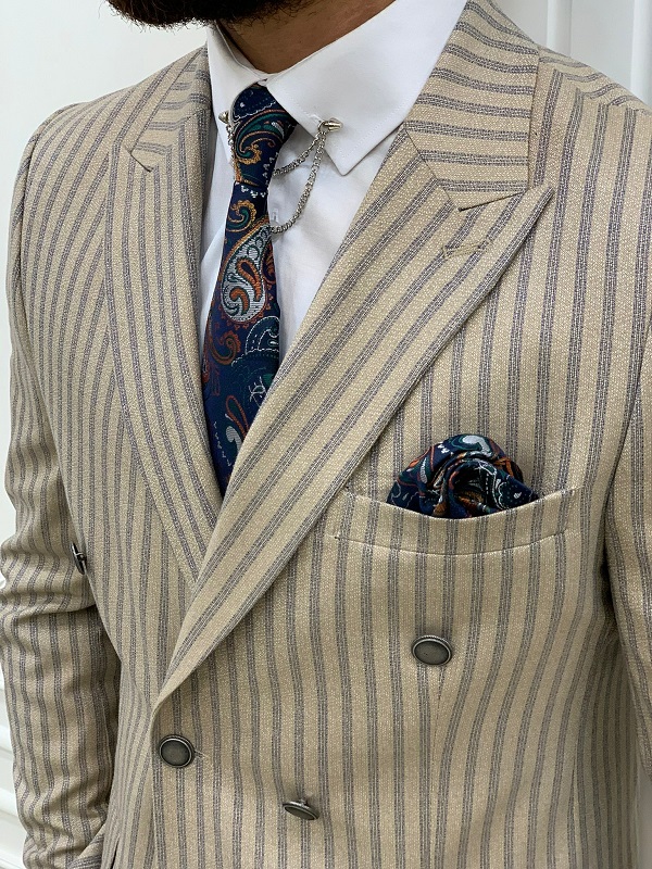 Cream Slim Fit Peak Lapel Double Breasted Striped Suit