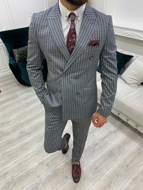 Gray Slim Fit Peak Lapel Double Breasted Striped Suit