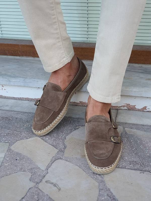 Beige Suede Double Monk Strap Loafers