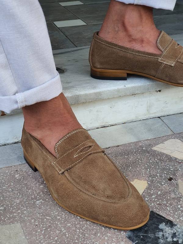 Beige Suede Penny Loafers