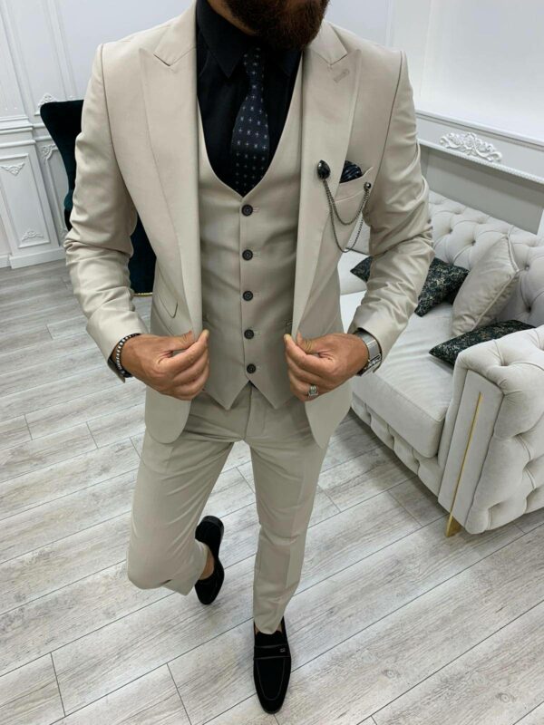 Beige Slim Fit Peak Lapel Suit