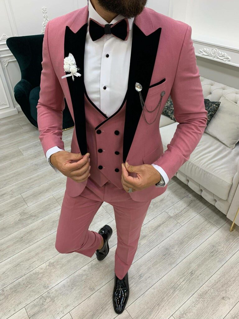 Pink with Black Lapel Men's Suit and Groom Three-Piece Wedding Men's Suit  Jacket Pants Vest Work (Color : Orange, Size : L) : Amazon.co.uk: Fashion