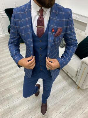 Blue Slim Fit Peak Lapel Plaid Suit