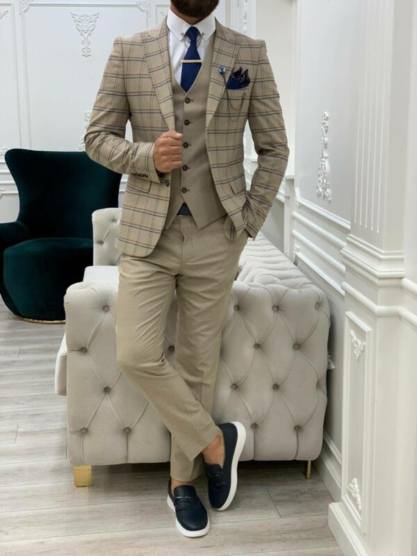 Cream Slim Fit Peak Lapel Plaid Suit