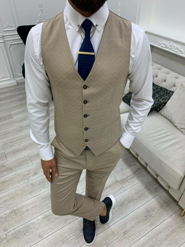 Cream Slim Fit Peak Lapel Plaid Suit