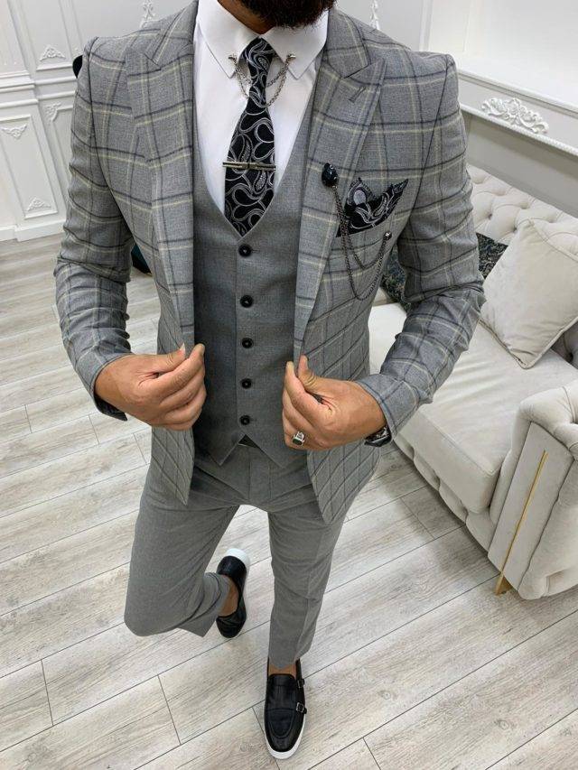 Aysoti Bussi Dark Gray Slim Fit Peak Lapel Plaid Suit - Aysotiman