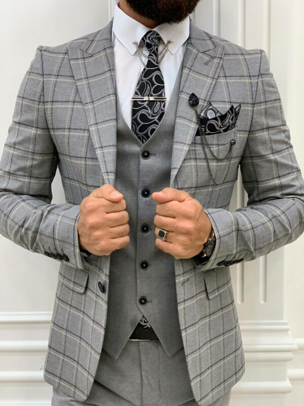 Dark Gray Slim Fit Peak Lapel Plaid Suit