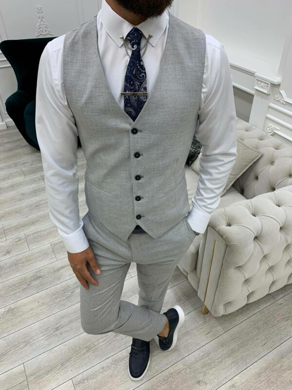 Gray Slim Fit Peak Lapel Plaid Suit