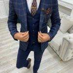 Navy Blue Slim Fit Peak Lapel Plaid Suit