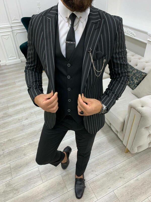 Black Slim Fit Peak Lapel Striped Suit