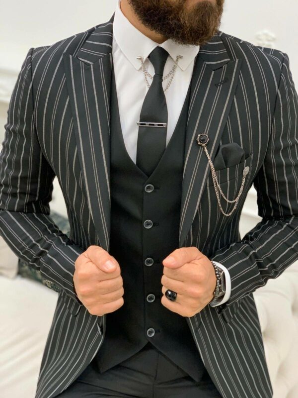 Black Slim Fit Peak Lapel Striped Suit