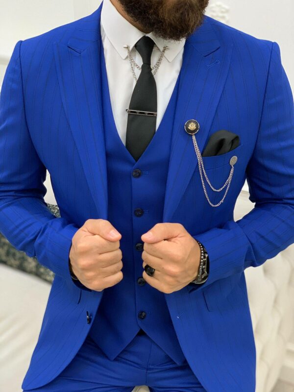 Blue Slim Fit Peak Lapel Striped Suit