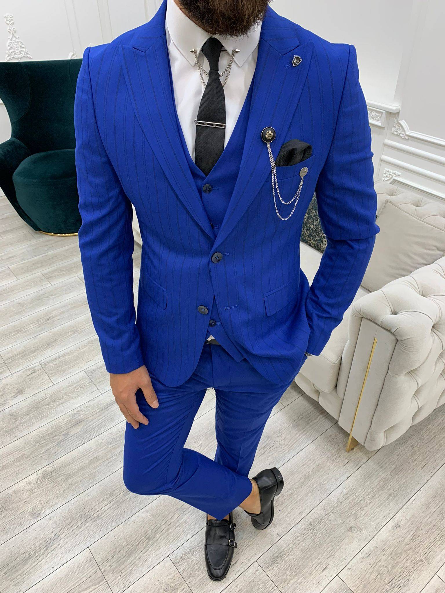 Aysoti Donford Blue Slim Fit Peak Lapel Striped Suit - Aysotiman