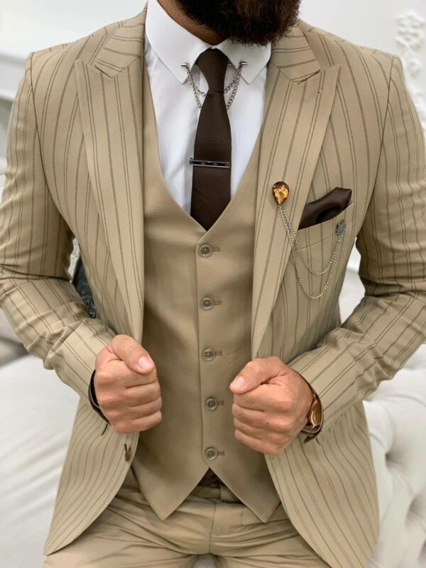 Cream Slim Fit Peak Lapel Striped Suit