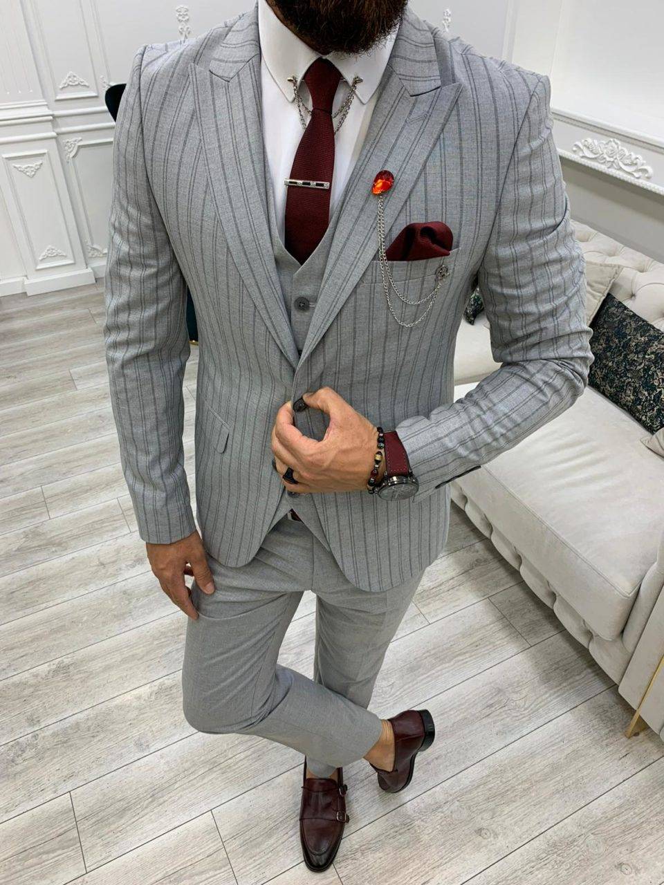 Aysoti Donford Gray Slim Fit Peak Lapel Striped Suit - Aysotiman