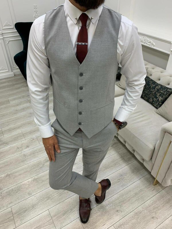 Gray Slim Fit Peak Lapel Striped Suit