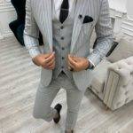 Light Gray Slim Fit Peak Lapel Striped Suit