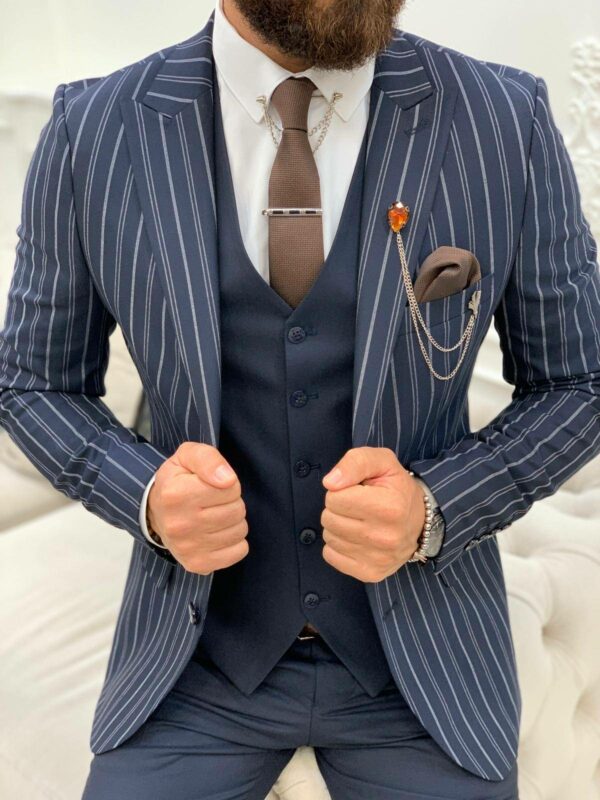 Navy Blue Slim Fit Peak Lapel Striped Suit