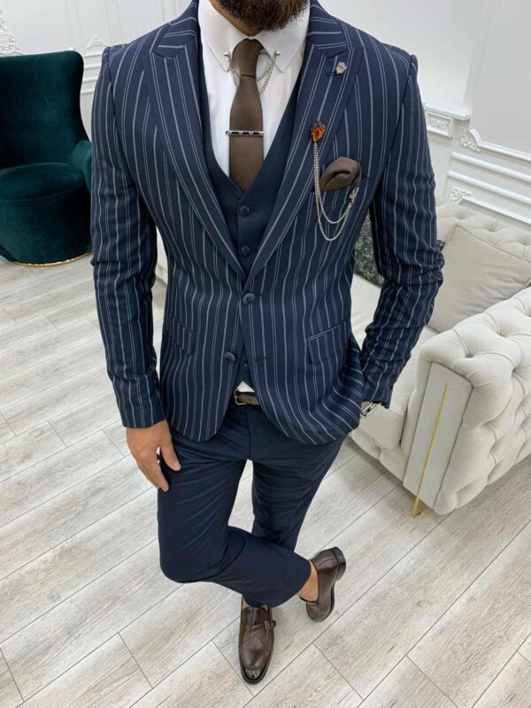 Navy Blue Slim Fit Peak Lapel Striped Suit