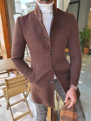 Brown Slim Fit Wool Long Coat