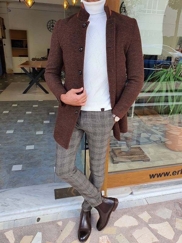 Brown Slim Fit Wool Long Coat