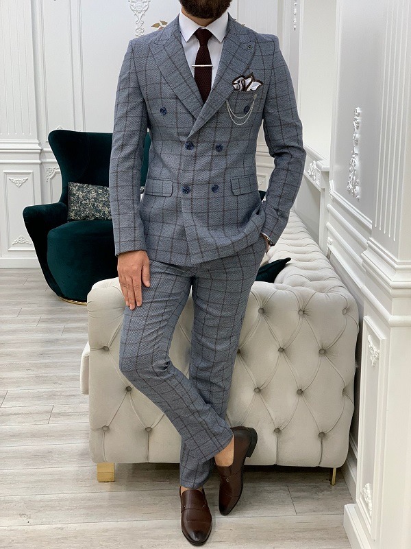 Blue Slim Fit Double Breasted Plaid Suit