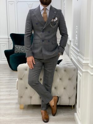 Dark Gray Slim Fit Double Breasted Plaid Suit