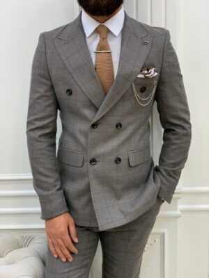 Light Gray Slim Fit Double Breasted Plaid Suit